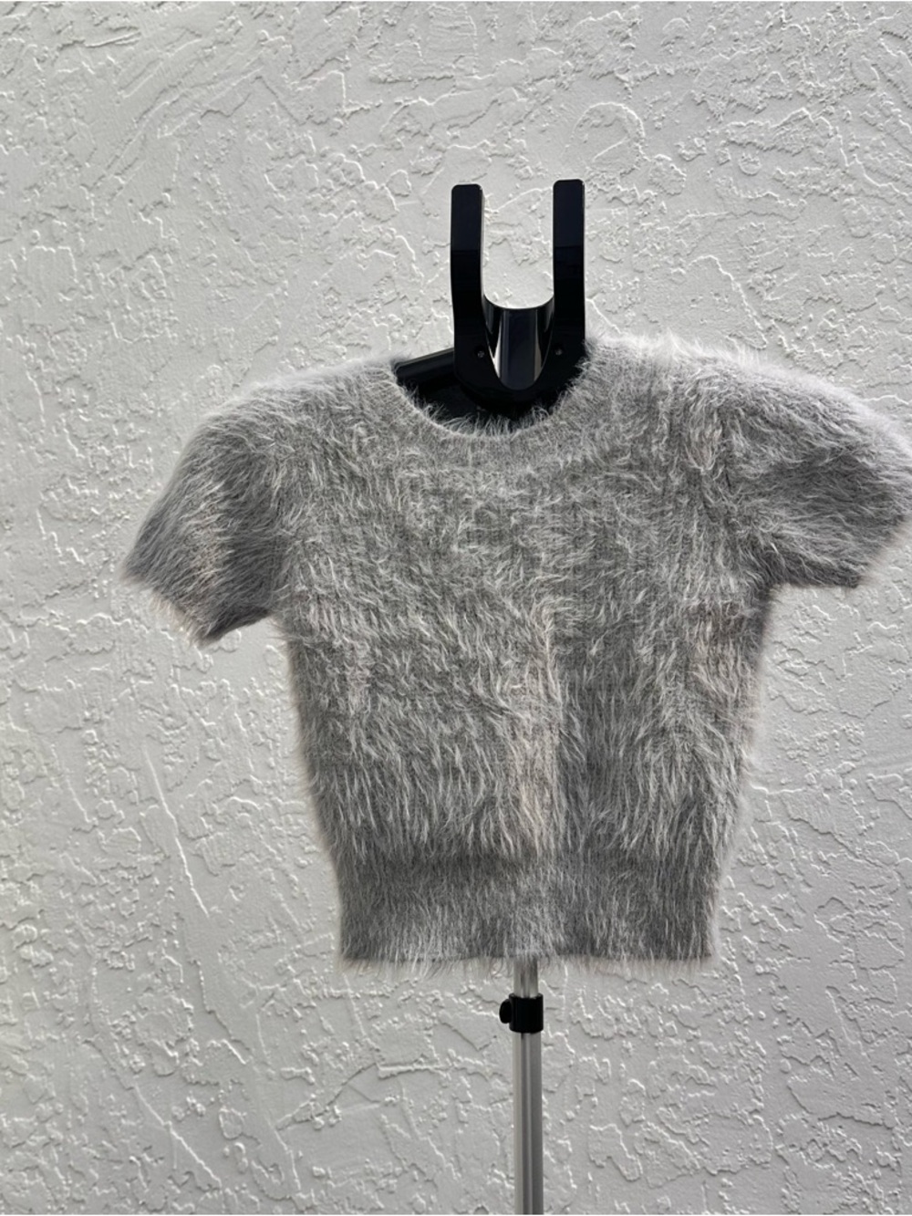 Zara Short-Sleeve Fuzzy Knit Top in Gray